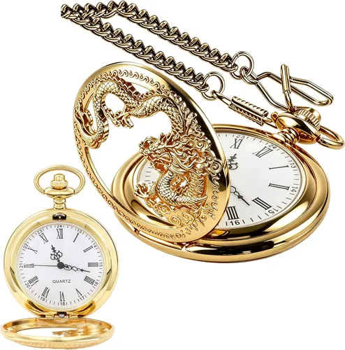 Vista 11 de Dragon Quartz Pocket Watches for Men Roman Numerals Pocket Watch with Chain Cus-CF18-plata