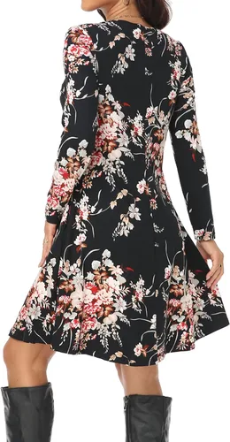 Vista 3 de Vestido casual para mujer, holgado, de manga larga, con volantes, cuello redondo, con bolsillos