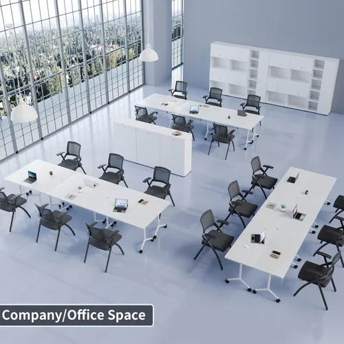 Vista 6 de Mesa de sala de conferencias, mesa de conferencias plegable móvil con ruedas, modernas mesas de entrenamiento apilables con parte superior abatible
