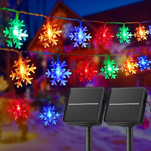 Vista 13 de Tira de luces con diseño de copo de nieve, con 50 ledes, 24.6pies, impermeable, para exteriores, con 8 modos de iluminación para bodas, fiestas