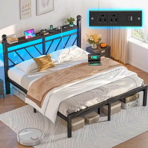 Vista 26 de Homkdom - Marco de cama de metal individual con luces LED y cabecero victoriano Negro