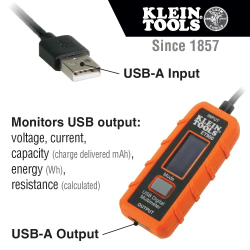 Vista 2 de Klein Tools ET900 Medidor de potencia USB, medidor digital USB-A para voltaje, corriente, capacidad, energía, resistencia