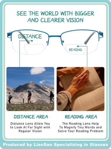 Vista 3 de LianSan Metal Bifocal Reading Glasses for Women,Stylish Half Rim Zero Top Blue Light Blocking Computer Reader