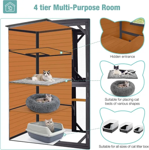 Vista 2 de Big Catio - Casa para gatos al aire libre, refugio de madera para gatos de 4 niveles con gran espacio interior (marrón, extragrande)