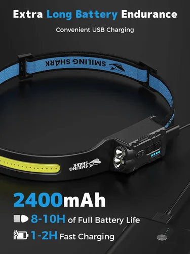 Vista 5 de Smiling Shark TD-0123-S - Linterna frontal ultrabrillante de 2400 mAh, recargable con sensor de movimiento manos libres, lámpara de cabeza LED