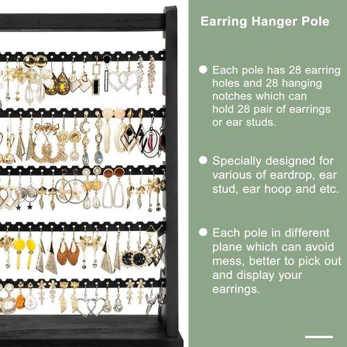 Vista 3 de Poyilooo Soporte organizador de aretes, estante de madera rústica para aretes, organizador de joyas de 5 capas con 270 agujeros de árbol para aretes