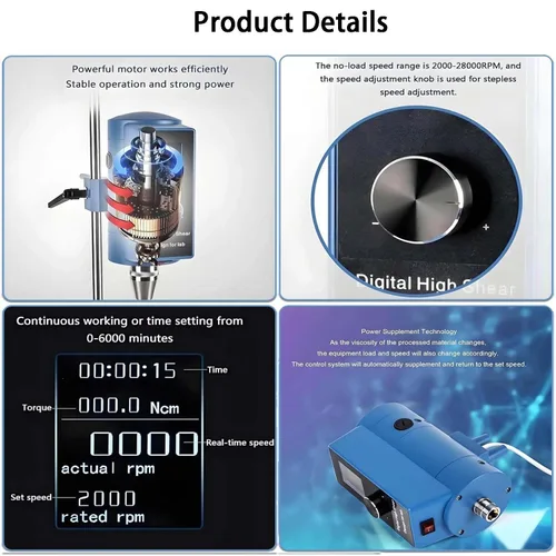 Vista 6 de Lab Digital Overhead Stirrer 500W High Shear Mixer with HD LCD Timer Display, Stepless Speed Regulation 2000-28000 RPM, Power Boost Technology