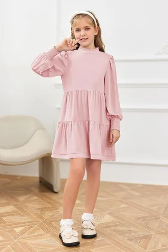 Vista 6 de Meikulo Vestidos de manga larga para niñas, cuello redondo con volantes, color liso, casual, acampanado, por debajo de la rodilla, 7-14 años