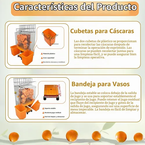 Vista 6 de Máquina exprimidora naranja comercial de 110 V, extractor automático de acero inoxidable naranja con engranajes de acero, 2 cáscaras que recogen