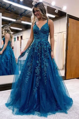 Vista 4 de Vestidos de graduación de tul con purpurina, cuello en V, apliques de encaje, vestidos largos de baile para mujer, vestidos formales de tirantes