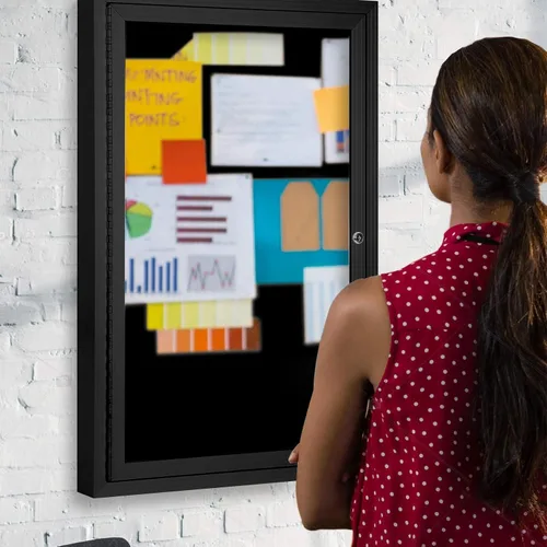Vista 9 de INNOVART Tablero de anuncios cerrado de 36" x 24", tablero de anuncios de tela con cerradura con marco de aluminio, vitrina de pared con puerta Negro