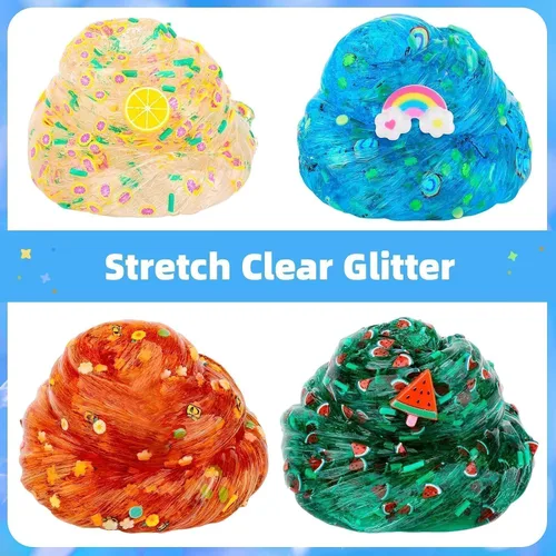 Vista 5 de Kit de slime transparente, paquete de 5 unidades de limo de cristal crujiente con purpurina, regalos de fiesta, juguete para aliviar el estrés