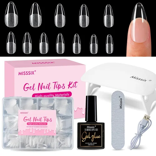 Vista 10 de Misssix Kit de puntas de uñas de gel cortas en forma de almendra, 216 piezas de uñas postizas transparentes pregrabadas, uñas postizas de cobertura