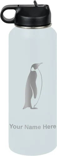 Vista 15 de LaserGram Botella de agua personalizada, pingüino, acero inoxidable de doble pared aislada al vacío con popote superior, regalo grabado