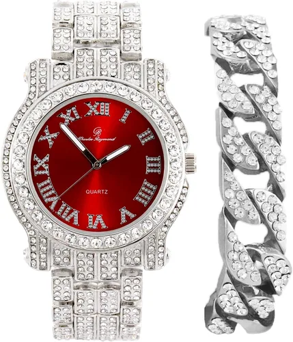 Vista 28 de Charles Raymond Reloj redondo de lujo para hombre totalmente incrustado con brillantes en plata con pulsera Bling-ed Out - L0504B