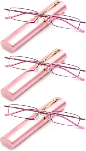 Vista 6 de Lentes de lectura de tubo de bolsillo, ultra delgados, compactos, unisex, ligeros, con clip de bolsillo portátil, estuche de aluminio, color rosa