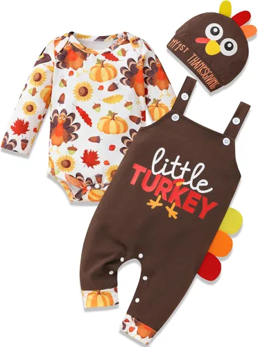 Vista 6 de My First Thanksgiving Outfit - Conjunto de ropa para bebé recién nacido, diseño de pavo + pantalones con tirantes + sombrero para Acción de Gracias