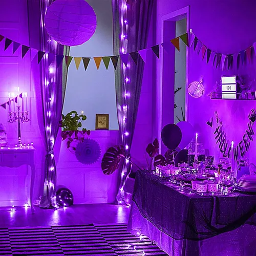 Vista 3 de Paquete de 12 luces de Halloween moradas que funcionan con pilas, luces de cadena de 7 pies, 20 luces LED de hadas, luces mini impermeables, cable