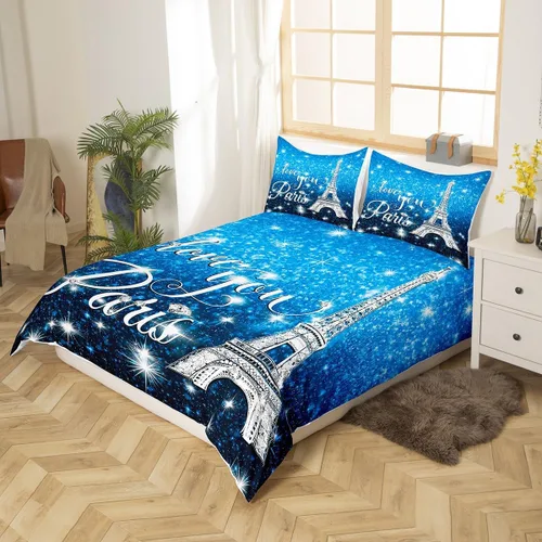 Vista 2 de Erosebridal Funda de edredón de la Torre Eiffel para niñas, juego de ropa de cama romántica de París azul, negro y blanco, funda de edredón