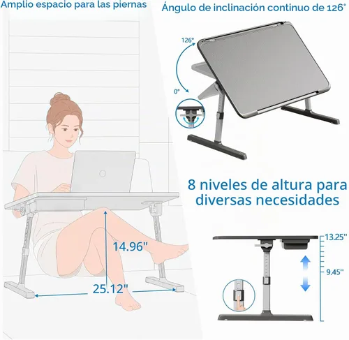 Vista 3 de Potuopy Escritorio ajustable para computadora portátil, bandeja de mesa de Negro