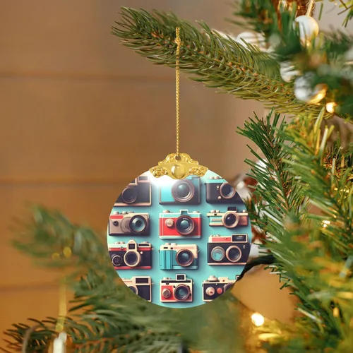 Vista 6 de Retro Cool Camera Collection Print Xmas Tree Hanging Decor, Metal Clasp Holiday Stained Glass Celebrations Decor,Gift Present