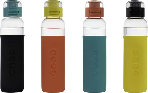 Vista 7 de SOMA - Botella de agua de vidrio con funda de silicona, tapa deportiva, 17 onzas, color negro