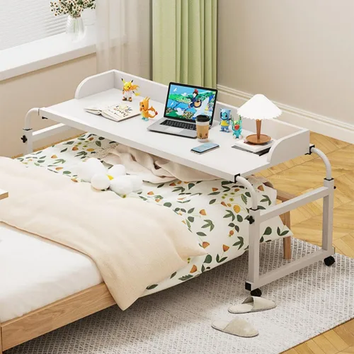 Vista 3 de Mesa enrollable ajustable con ruedas – Escritorio de madera expandible para laptop, altura ajustable, color blanco, perfecto para estaciones