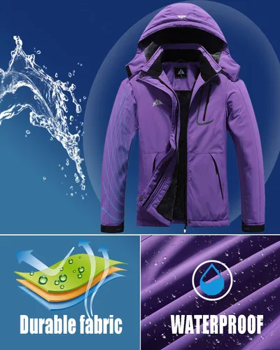 Vista 4 de Chaqueta de esquí impermeable para mujer, resistente al viento, cortavientos, abrigo de nieve cálido con capucha
