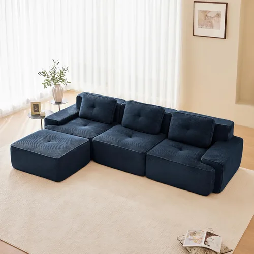 Vista 46 de Sofá moderno comprimido sin armazón de 116", sofás seccionales de 3 plazas para sala de estar, sofá seccional modular de pana verde nube, espuma