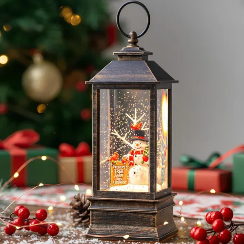 Vista 2 de Globo de nieve de Navidad con agua brillante de muñeco de nieve con música y temporizador, linterna iluminada con pilas para regalos de decoración