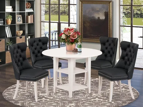 Vista 2 de East West Furniture SUDA5-LWH-12 - Juego de mesa de comedor de 5 piezas, incluye una mesa de cocina redonda con gotas y estantes y 4 sillas de tela