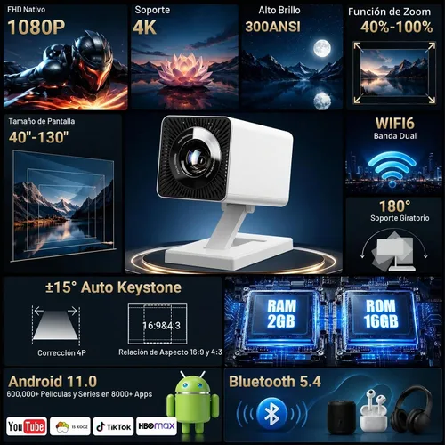 Vista 2 de 【Aplicaciones integradas】Mini proyector con WiFi y Bluetooth, proyector portátil de soporte 1080P 4K, proyector de películas para dormitorio