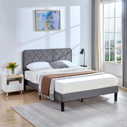 Vista 3 de VECELO Base de cama tamaño Queen con plataforma tapizada de cuero de alta calidad con cabecera ajustable en altura / base de colchón, soporte