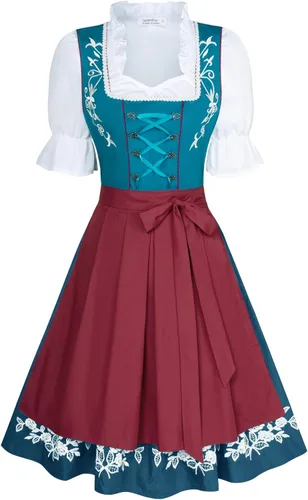 Vista 12 de JASAMBAC Vestido de tirolesa alemana para mujer, disfraz de 3 piezas, carnaval de Oktoberfest Verde militar