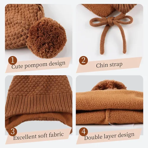 Vista 5 de Sombrero de invierno para bebé niña con forro de lana para niños pequeños, gorro de punto con orejeras con pompón, de 0 a 8 años 3 unidades-A.