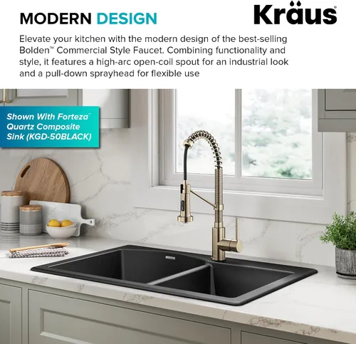 Vista 3 de KRAUS Bolden - Grifo de cocina de estilo comercial con mango individual de dos funciones desplegable en bronce champán antiguo libre de manchas