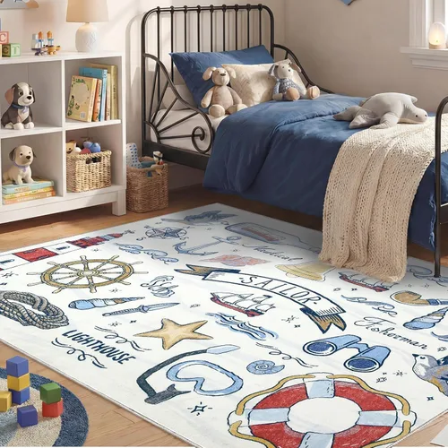 Vista 215 de OPPODREAM Alfombras suaves, pequeñas y lavables con parte trasera antideslizante, alfombra de cachemira sintética de pelo bajo, 2 x 3 pies, azul
