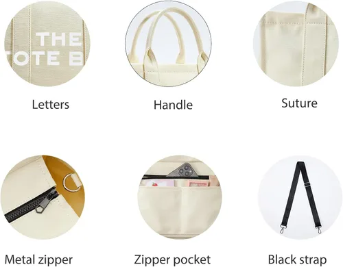 Vista 2 de NEGBIU The Tote Bag para mujer, bolsa de lona con cremallera, hombro estético, cruzado, bolso para el trabajo, la escuela