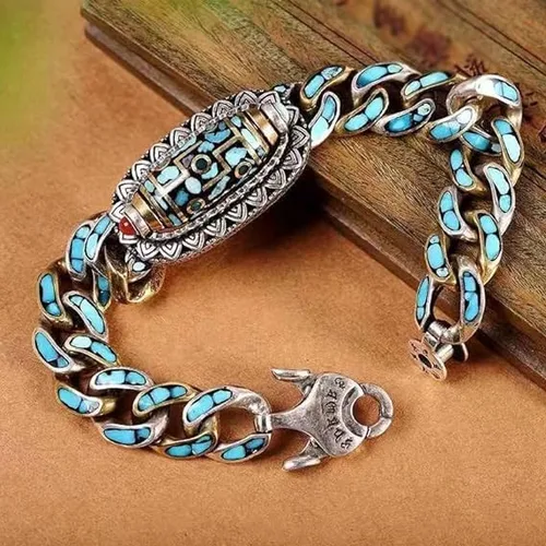 Vista 9 de UBALDI Turquesa Seis caracteres Mantra Nueve Ojos Dzi Bead Bracelet, Pulsera de cuentas de mantra de seis caracteres, Transferencia
