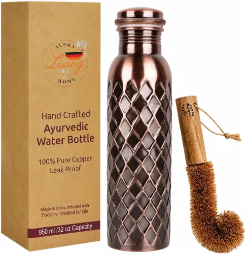 Vista 15 de Alpha Living Home Pure Copper Water Bottle Set of 3 - Handcrafted Drinking Bottles with Hammered, Diamond & Honeycomb Design - Leak Proof Wide Mouth