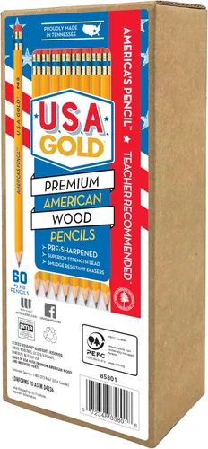 Vista 3 de Cra-Z-Art Lápices amarillos HB con caja de madera americana preafilados de oro de Estados Unidos, paquete de 60