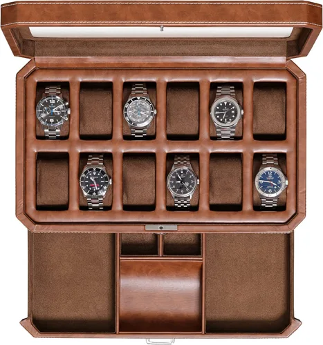 Vista 5 de ROTHWELL Caja de reloj de lujo para 12 relojes, caja de reloj de cuero PU con tapa de vidrio real, cajón deslizable para accesorios con múltiples