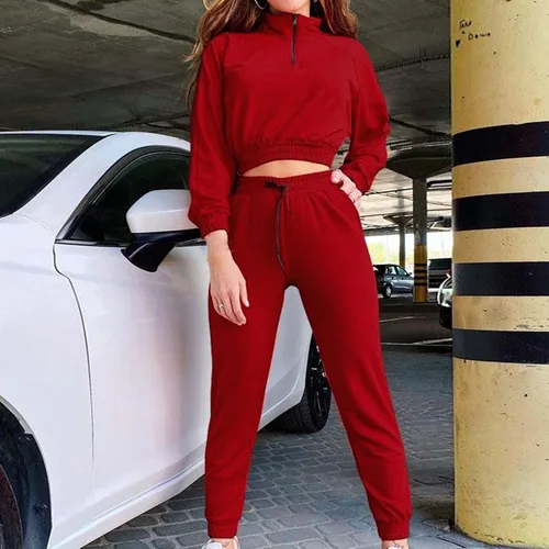 Vista 2 de Conjunto de chándal de dos piezas para mujer, sudadera sólida, pantalones largos, traje deportivo de 2 piezas