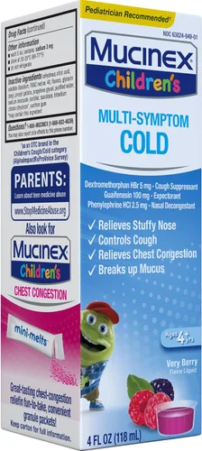 Vista 16 de Mucinex Líquido de alivio del resfriado multisíntoma para niños, alivia la congestión nasal, la congestión del pecho, la tos y el moco, expectorante