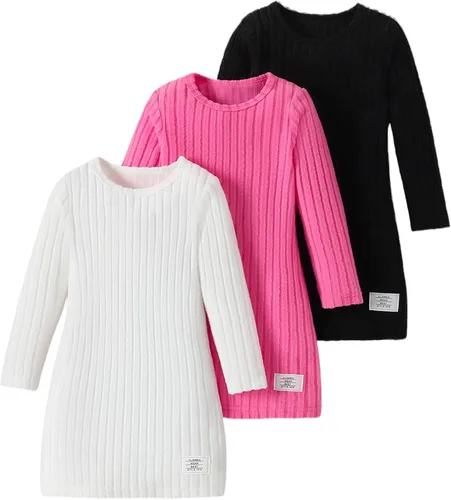 Vista 10 de Vestidos para niñas, Juego de 3 vestidos para niñas pequeñas de manga larga de color sólido, elegantes y casuales, con diseño acanalado, talla 2-8
