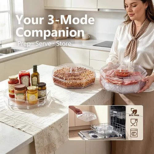 Vista 3 de 5 compartimentos para servir hielo Lazy Susan, plato de cóctel de camarones divididos con tapa, plato de plástico para tacos, bandeja fría