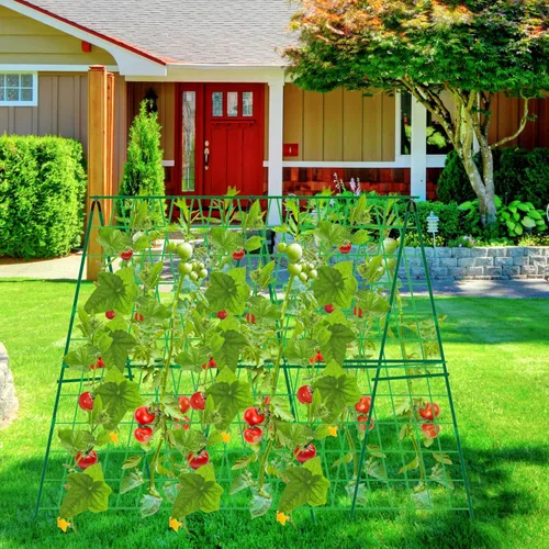 Vista 6 de Paquete de 2 enrejados plegables de pepino de 48 x 48 pulgadas para cama elevada, enrejado de jardín con marco en A para plantas trepadoras al aire