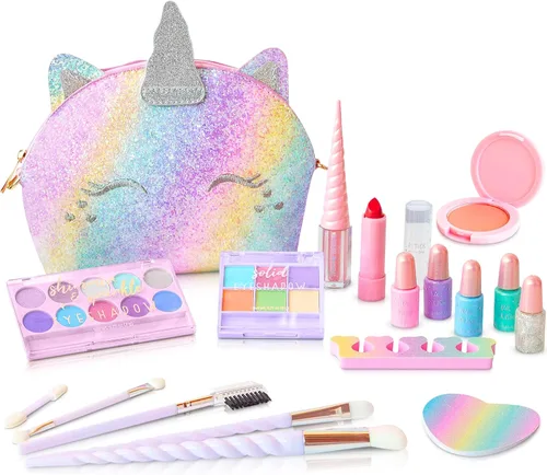 Vista 9 de Kit de maquillaje de simulación para niñas pequeñas con bolso de unicornio: juego de juguetes de maquillaje falso (no real) para niños pequeños