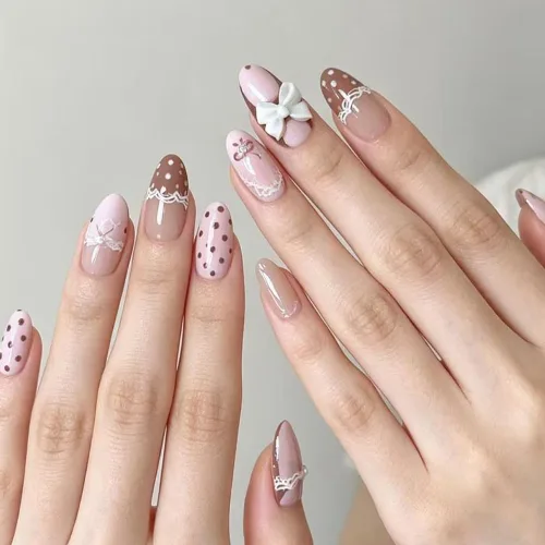 Vista 14 de Uñas postizas a presión, uñas postizas medianas con diseño de almendra, 24 A-1