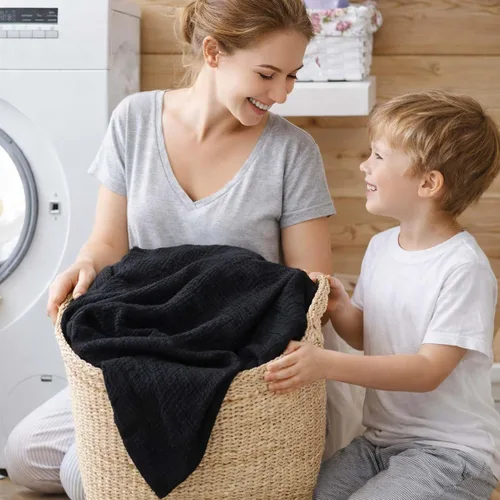 Vista 8 de Paquete de 2 sábanas de muselina negra para cuna, para niños y niñas, de algodón neutro transpirable, para cuna estándar de 28 x 52 pulgadas
